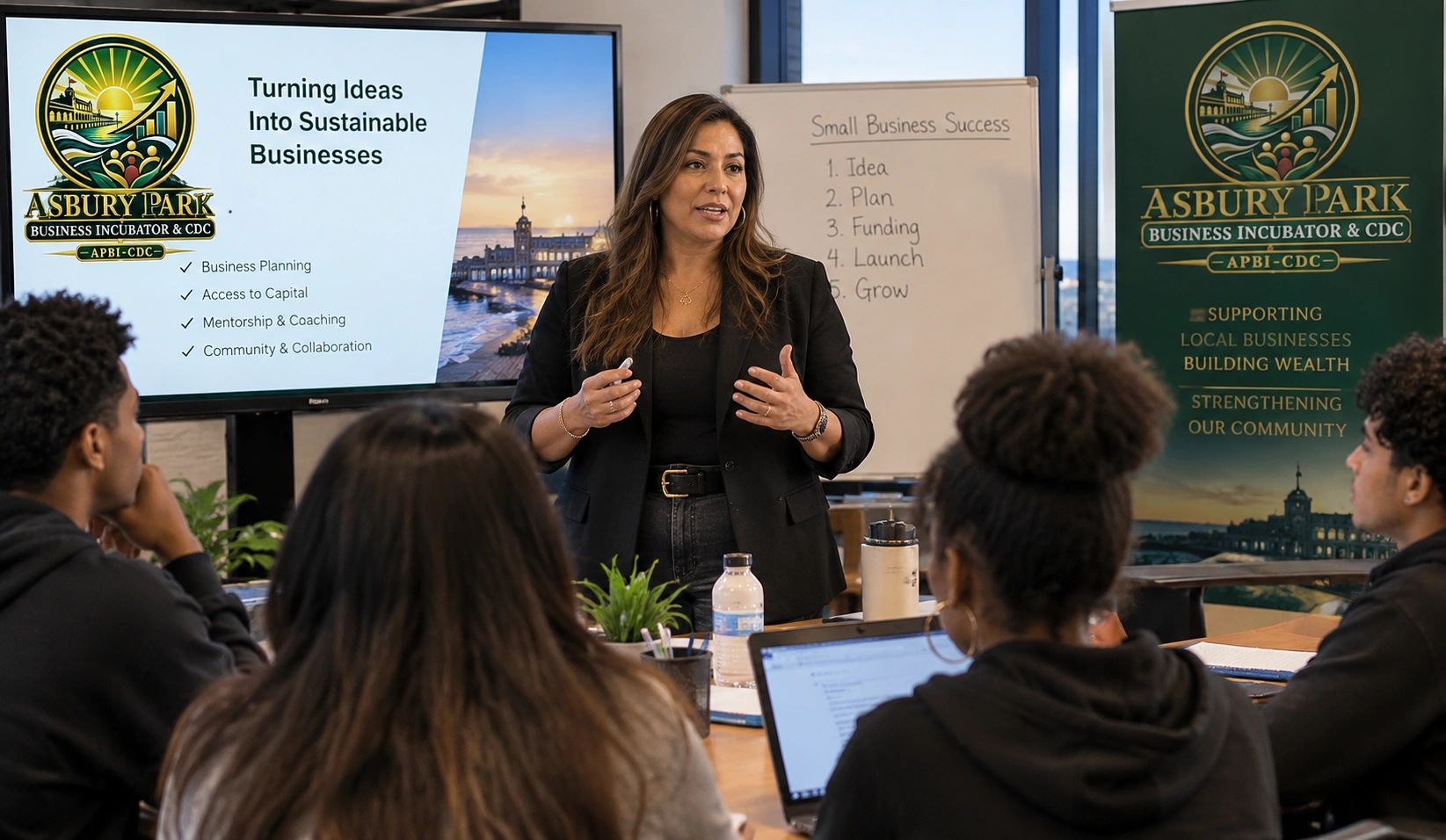 Business instructor teaching entrepreneurs about sustainable businesses.