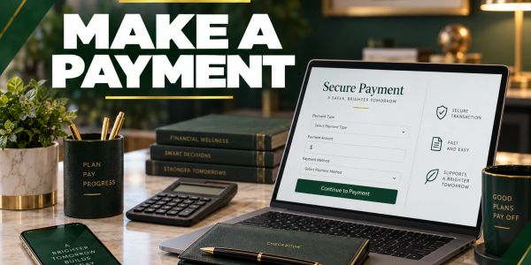 Laptop screen showing a secure payment page with office items around.