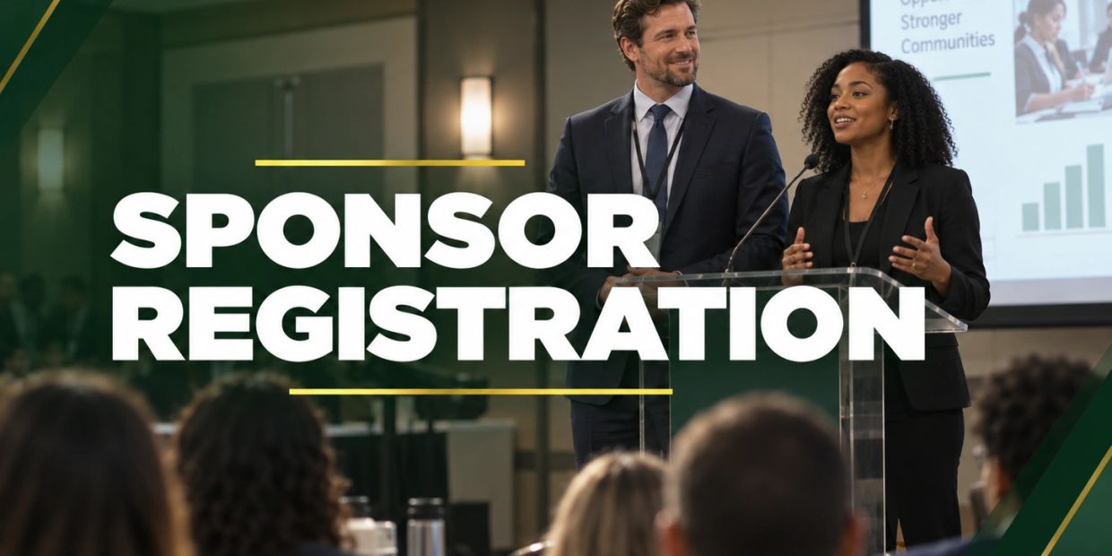 Two business professionals speaking at a sponsor registration event.