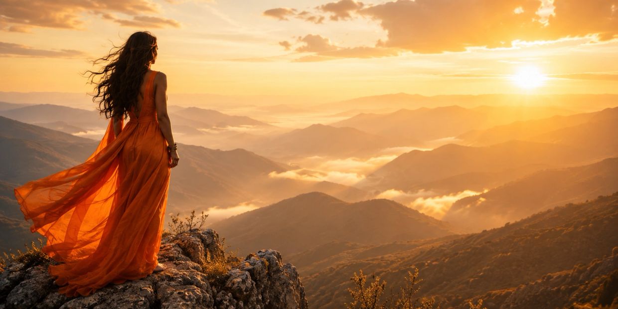 Woman in flowing orange dress standing on a mountain summit at sunset, overlooking clouds, symbolizing the Soul-First™ journey of spiritual embodiment and return to self