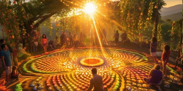 People gather around a vibrant, intricate flower mandala illuminated by golden sunlight.
