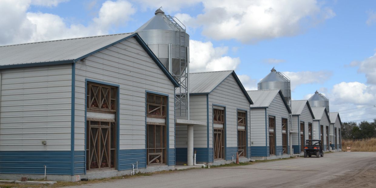 A row of industrial buildings with silos under a cloudy sky.