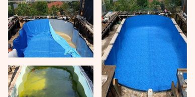 Pictures the old liner with green water, half replacing picture and finished liner.