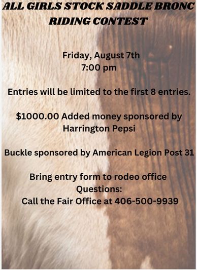 Flyer announcing an all girls stock saddle bronc riding contest with entry details and sponsors.