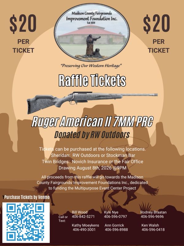Raffle tickets for Ruger American II 7MM PRC at $20 each.