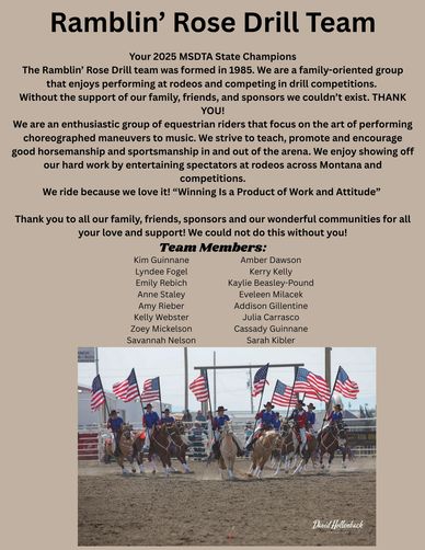 Ramblin' Rose Drill Team posing with flags during a rodeo performance.