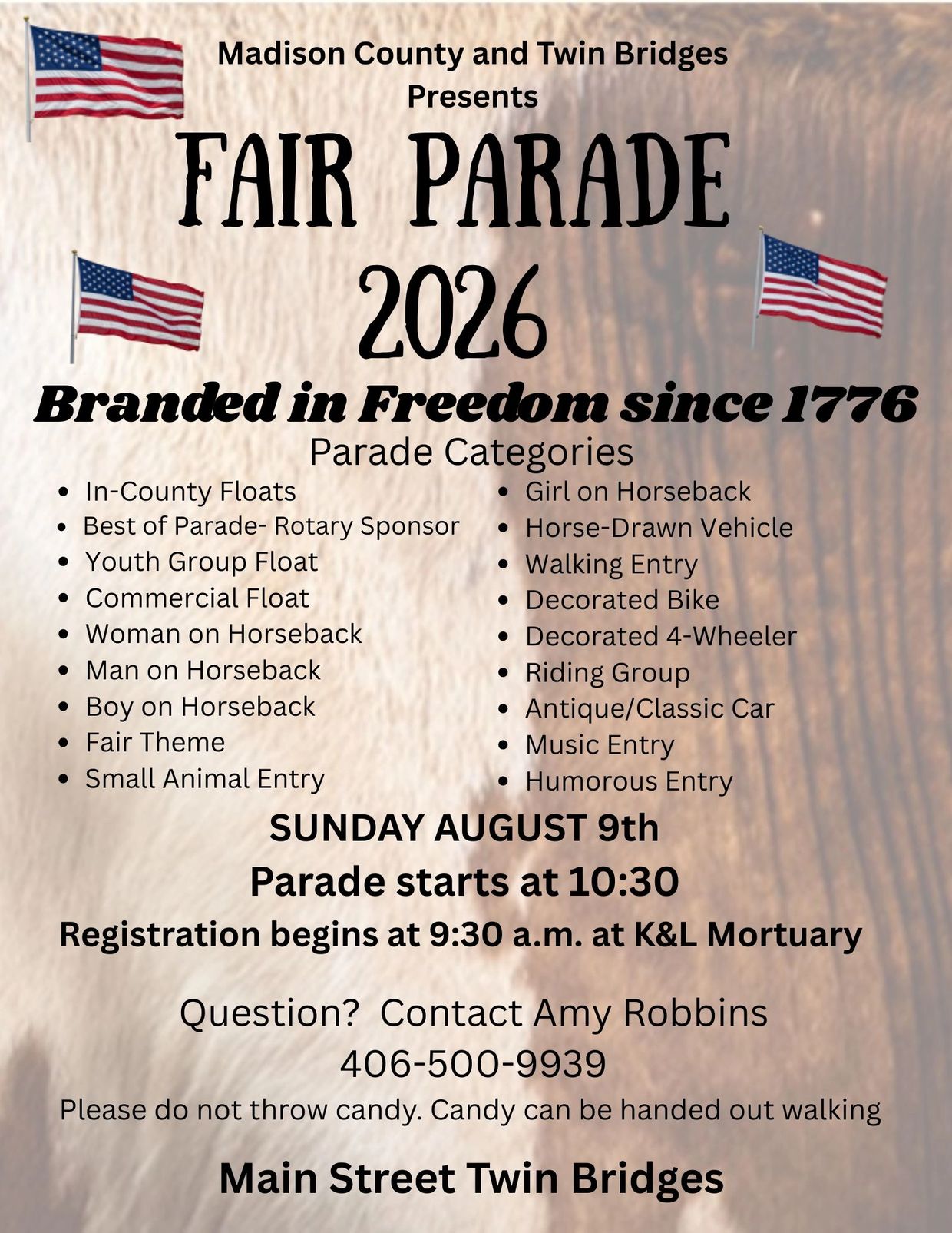 Flyer for Madison County and Twin Bridges Fair Parade 2026 with various categories and event details.