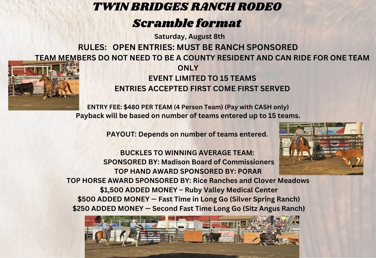 Flyer for Twin Bridges Ranch Rodeo Scramble format event with rules and prizes.