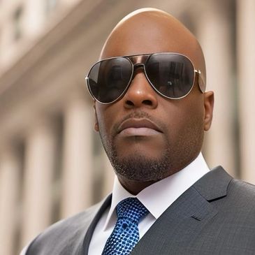 Confident man in a gray suit and blue tie wearing sunglasses outdoors.