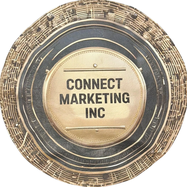 Decorative plate with 'CONNECT MARKETING INC' text and musical notes border.
