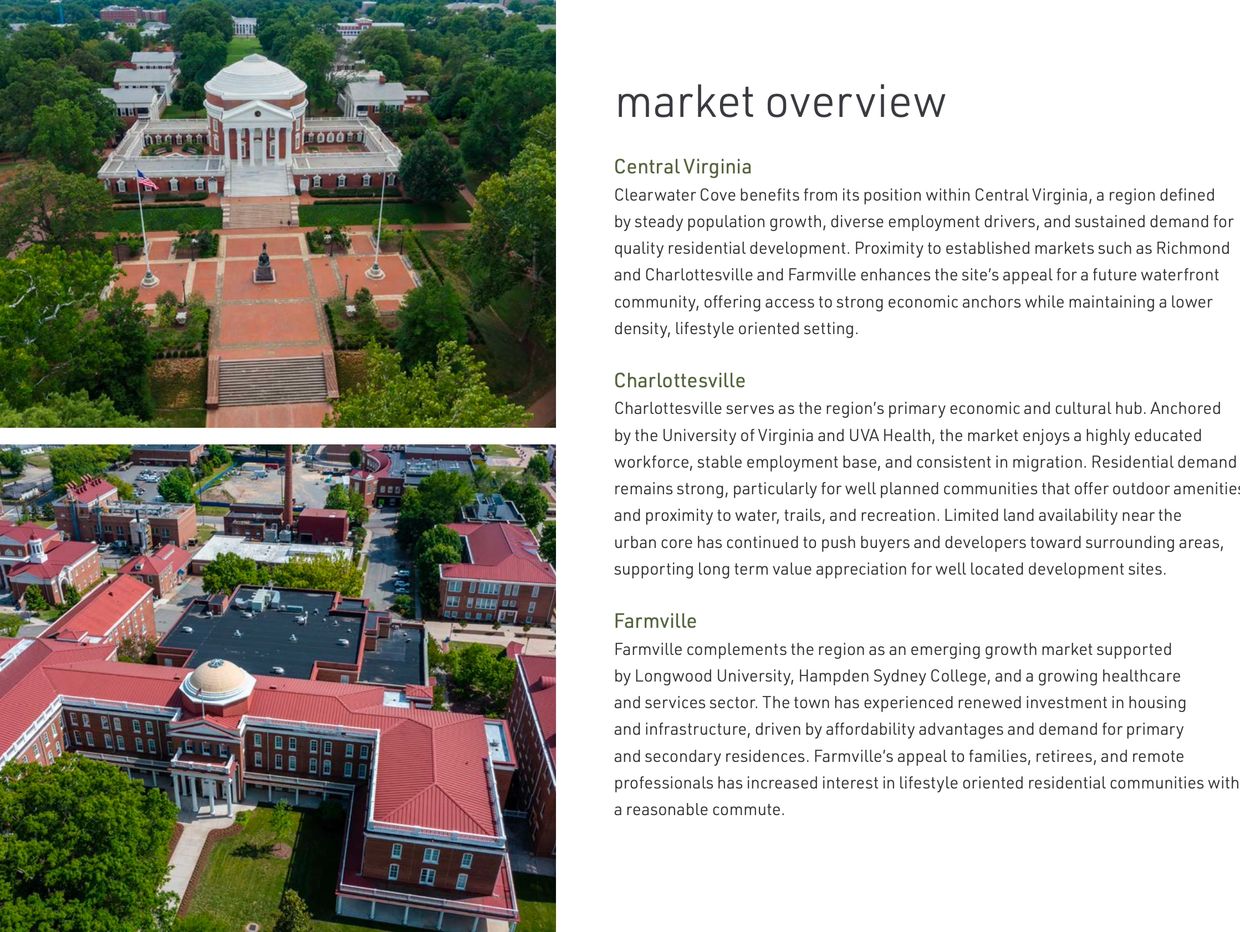 Aerial views of university buildings with market overview text.