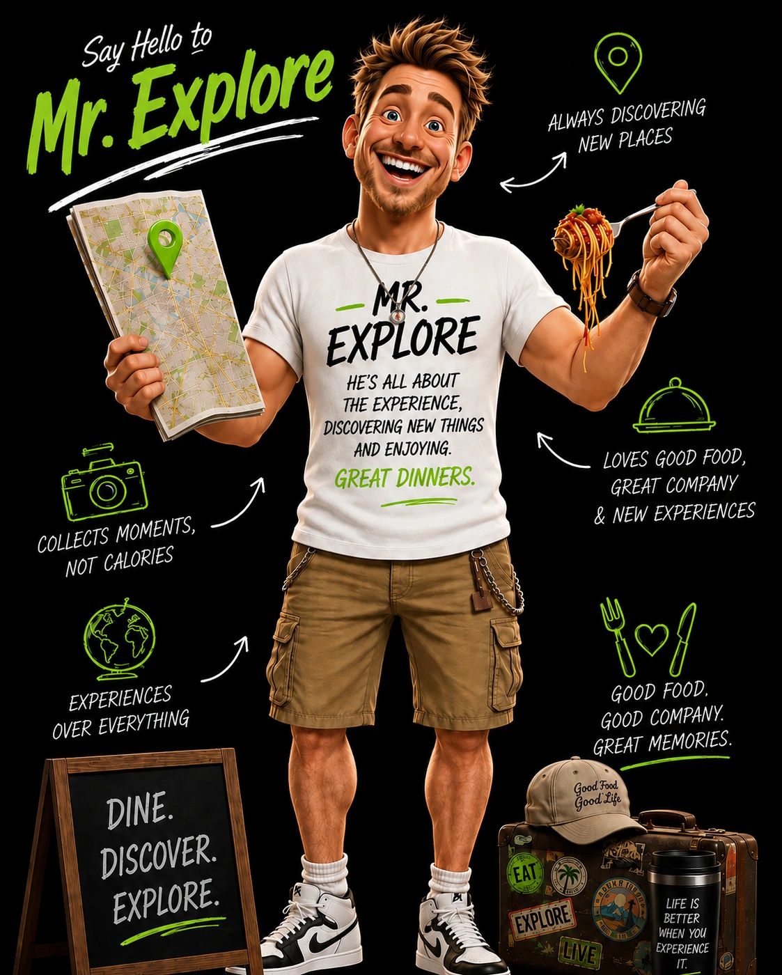 Character Mr. Explore promotes adventure, food, and experiences.