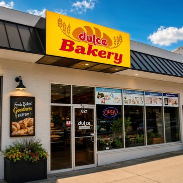 Exterior of Dulce Bakery with bright signage.