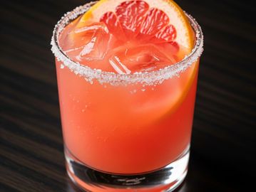 A refreshing grapefruit cocktail with ice and a salted rim.