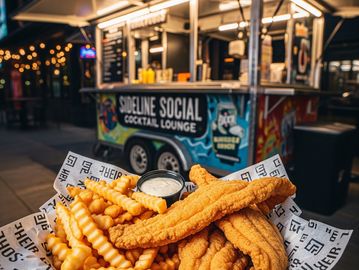 Basket of fried catfish and crinkle-cut fries with dipping sauce at a food truck.