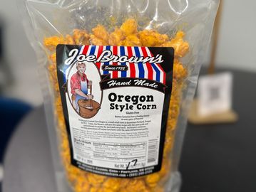 Bag of Joe Brown's handmade Oregon Style Corn caramel popcorn.
