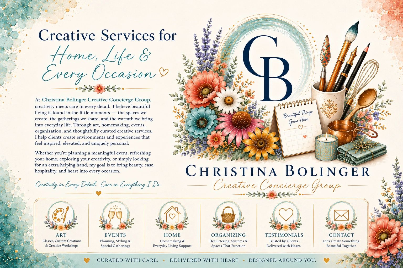 Elegant creative services ad by Christina Bolinger with floral and art tools illustration.