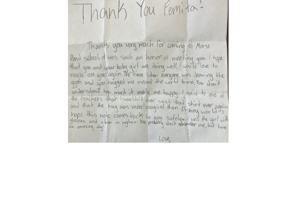 This is a handwritten letter by one of the students that attended a presentation by Femita