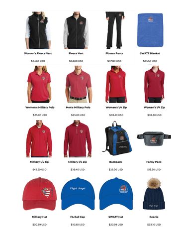 Collection of SWATT apparel and accessories with prices.