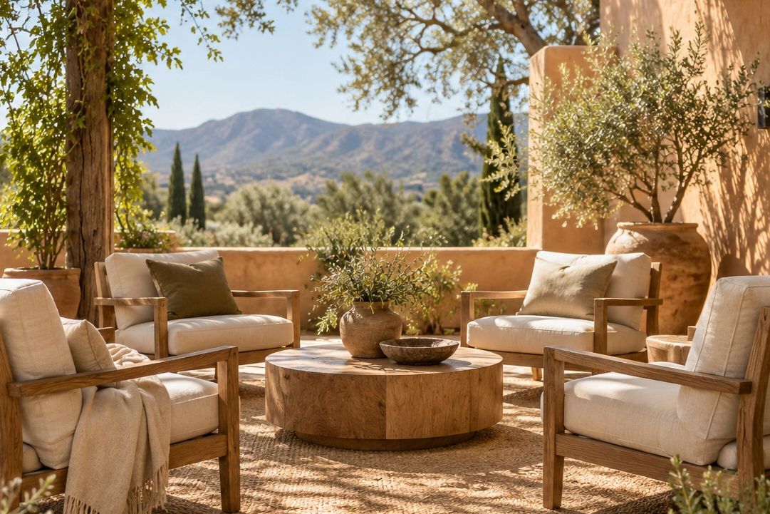 Cozy outdoor seating area with wooden furniture and mountain view.
