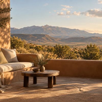 Cozy outdoor seating area with mountain view at sunset.