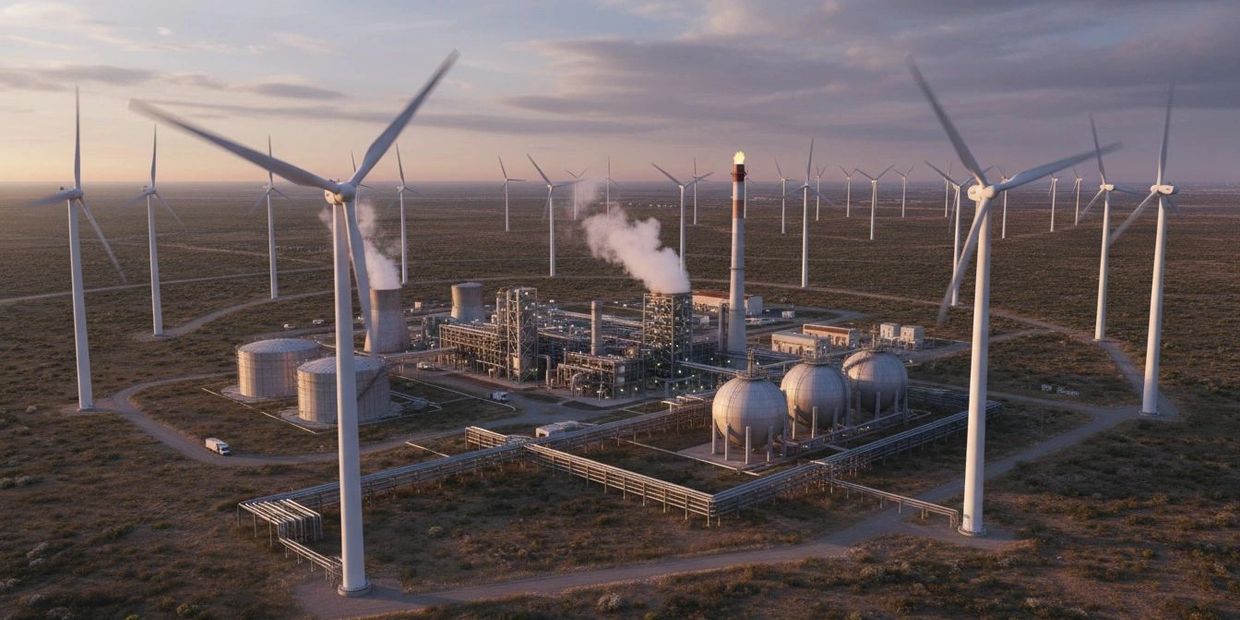 A power plant surrounded by many wind turbines in a vast landscape at sunset.