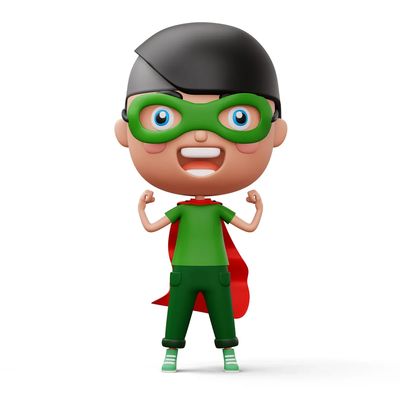 Happy cartoon superhero child with green mask and red cape.