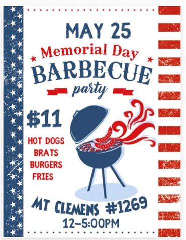 Memorial Day barbecue party on May 25 with hot dogs, brats, burgers, and fries for $11.