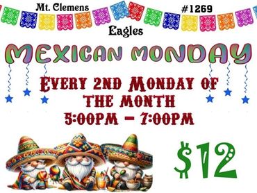 Colorful Mexican Monday event poster with festive decorations and cartoon characters.