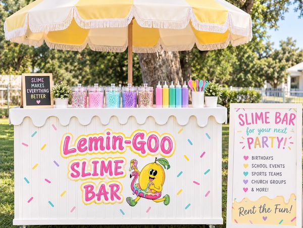 Colorful slime bar setup with jars, bottles, and utensils under a yellow umbrella.
