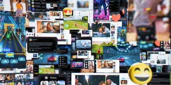 Collage of social media, gaming, and video call screens with emojis.