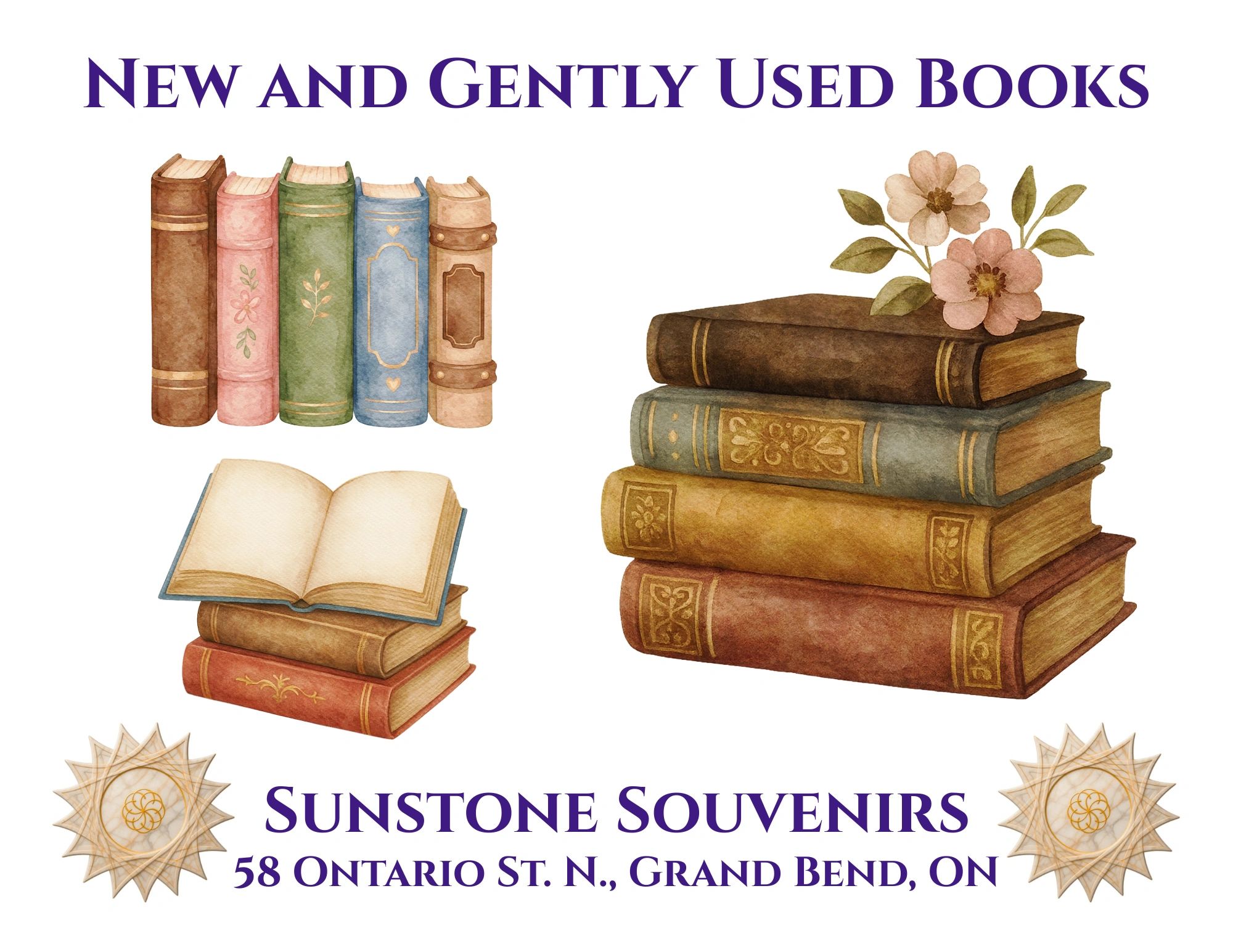 Watercolor illustration of new and gently used books with shop details.
