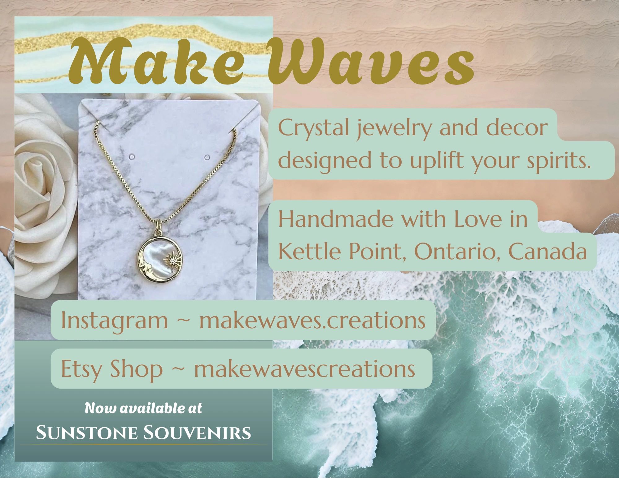 Promotional flyer for Make Waves crystal jewelry and decor.