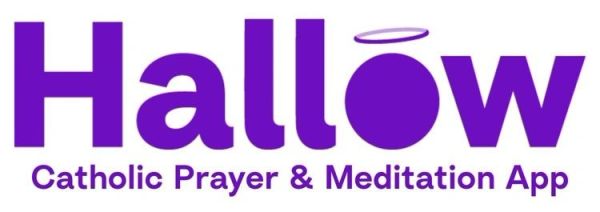 Logo of Hallow Catholic Prayer &amp; Meditation App in purple.
