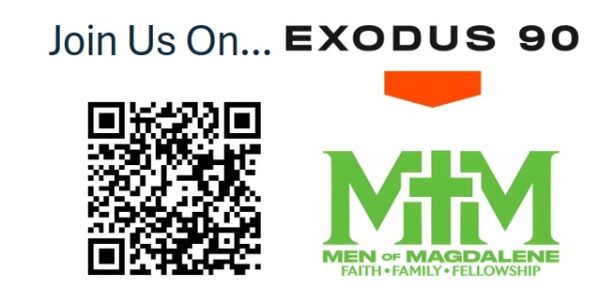 Promotional image for Exodus 90 and Men of Magdalene with a QR code.