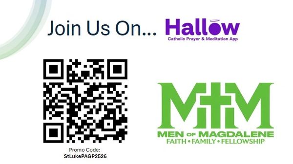 QR code for joining Hallow app and Men of Magdalene group.