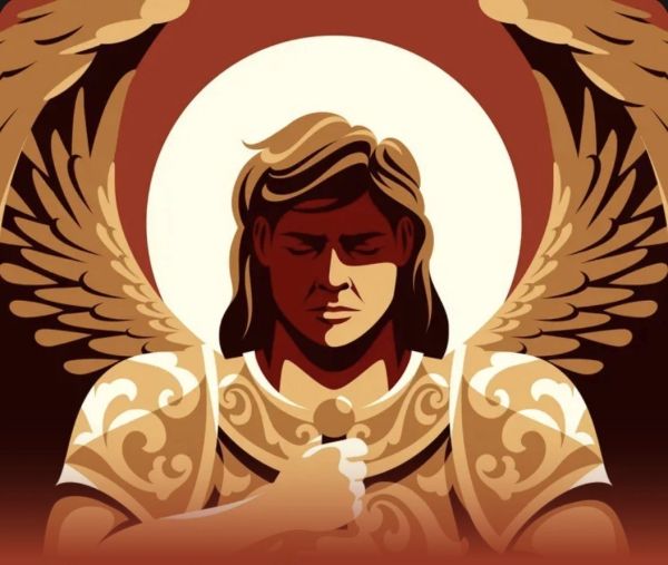Illustration of an angelic figure with wings and armor.