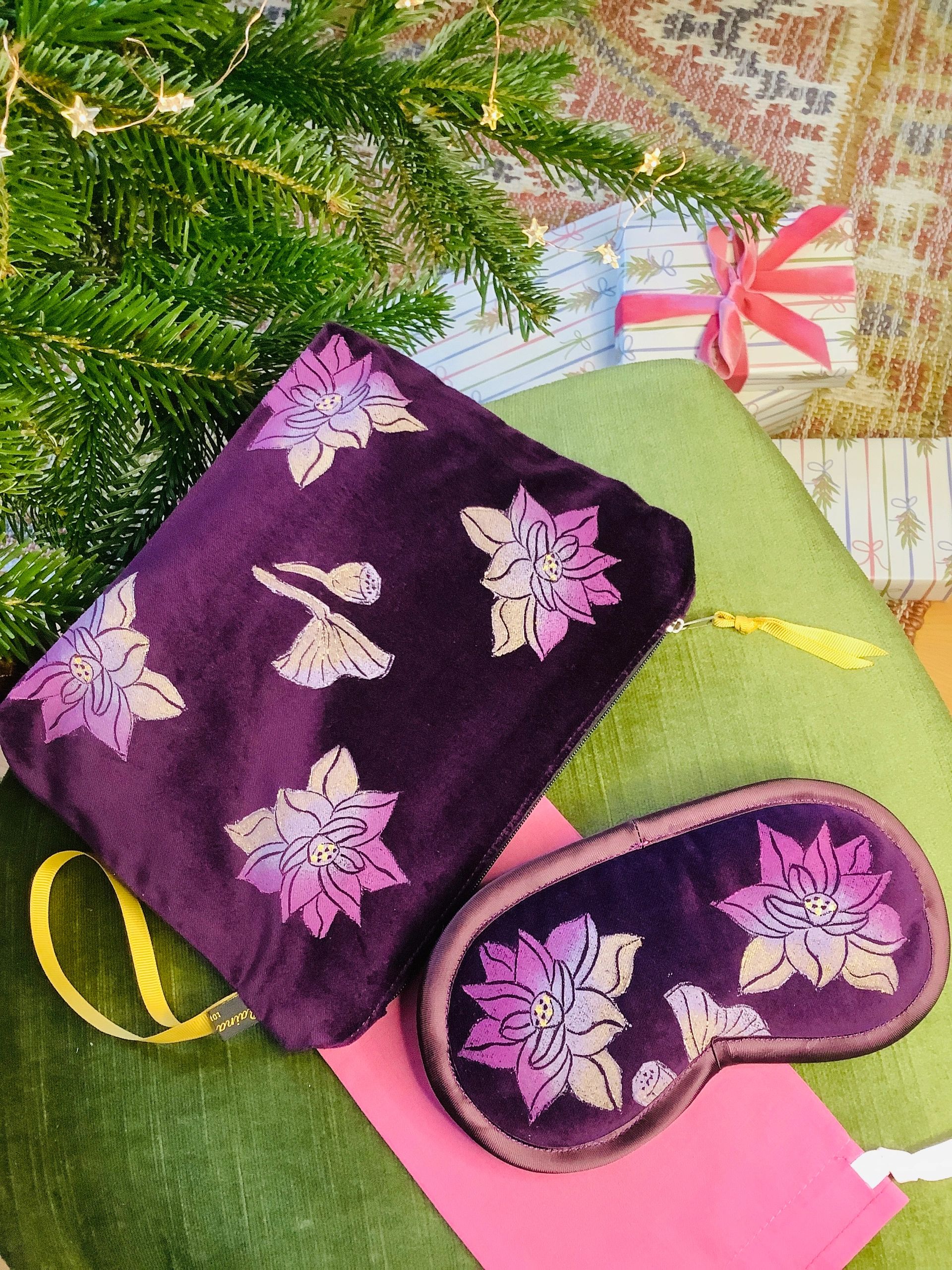 Lotus flower makeup bag in plum velvet and matching eye mask