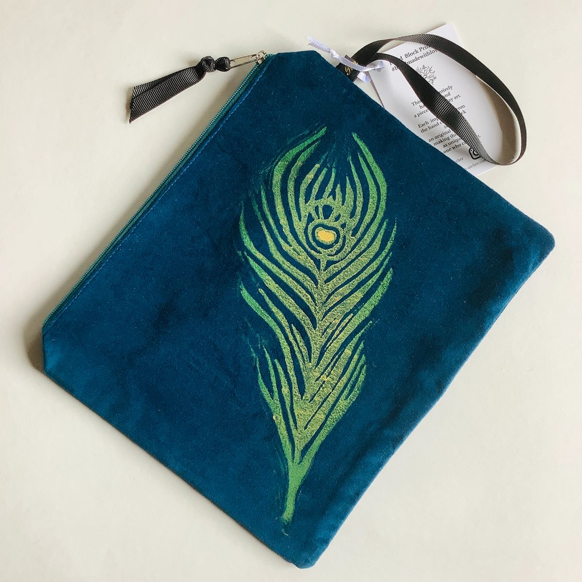 Teal Large Feather velvet zip-up pouch