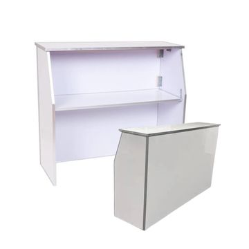 White reception desk with a sleek, modern design and foldable front panel.