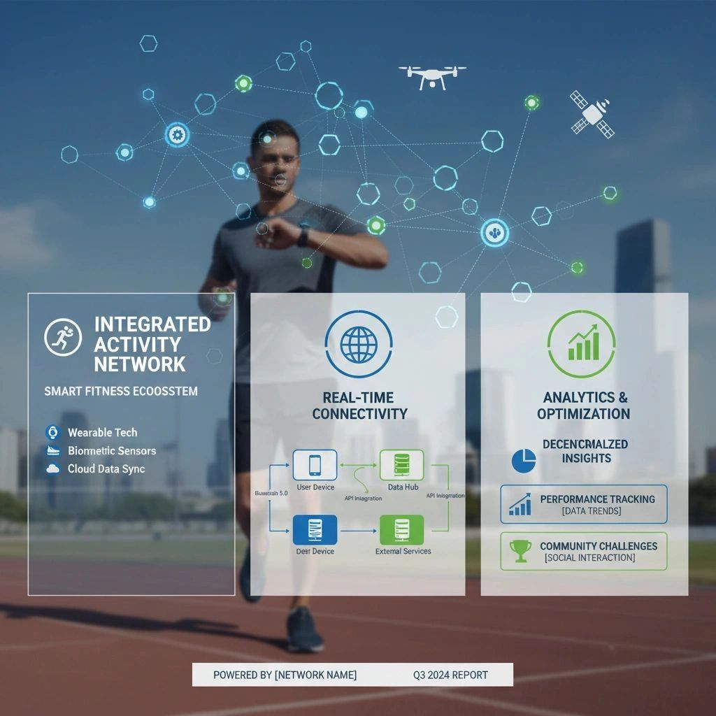 Man running with smart fitness ecosystem digital overlay showing connectivity and analytics.