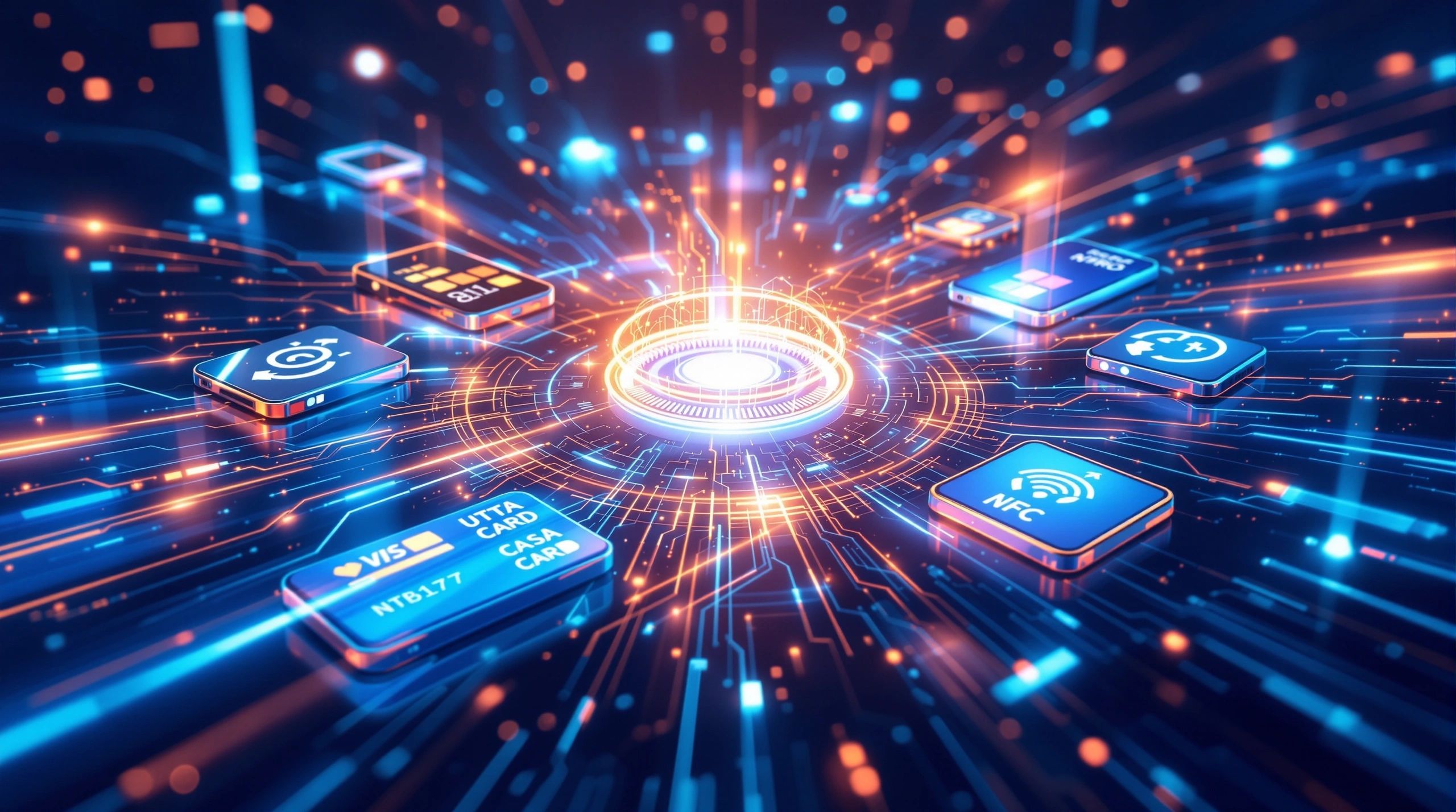 Futuristic digital network with glowing tech icons and data streams.