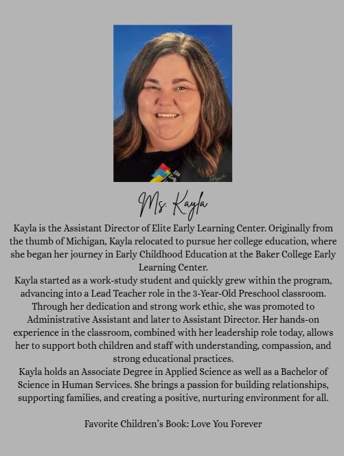 Portrait of Ms. Kayla, Assistant Director of Elite Early Learning Center.
