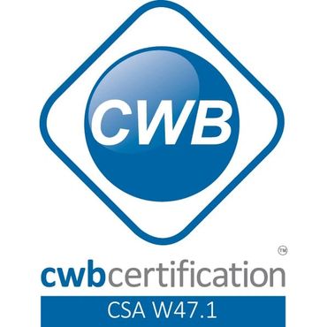 CWB certification logo for CSA W47.1 standard in blue and white.