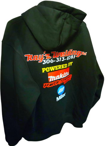Black hoodie with welding company and tool brand logos on the back.