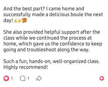 Positive feedback on a baking class and support.