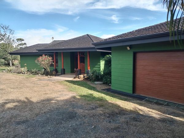 Green house with brown roof and garage door under a partly cloudy sky.