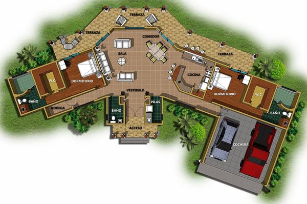 Modern house floor plan with two bedrooms, terraces, and garage.