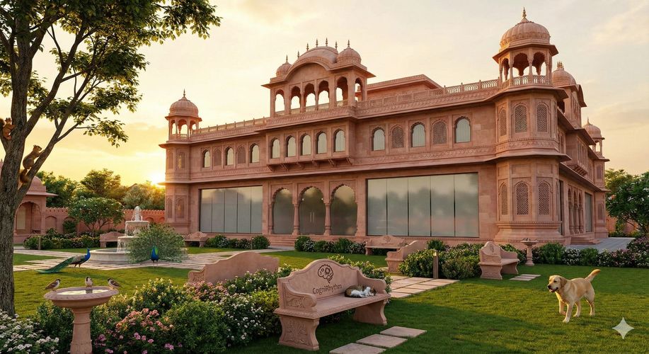 A grand traditional building with lush green gardens, peacocks, and a dog at sunset.