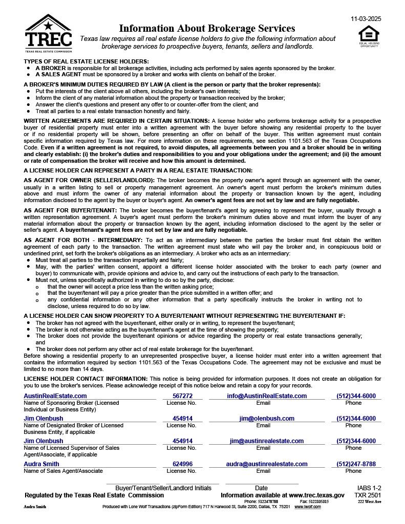 Information sheet on brokerage services and license holder duties in Texas real estate.